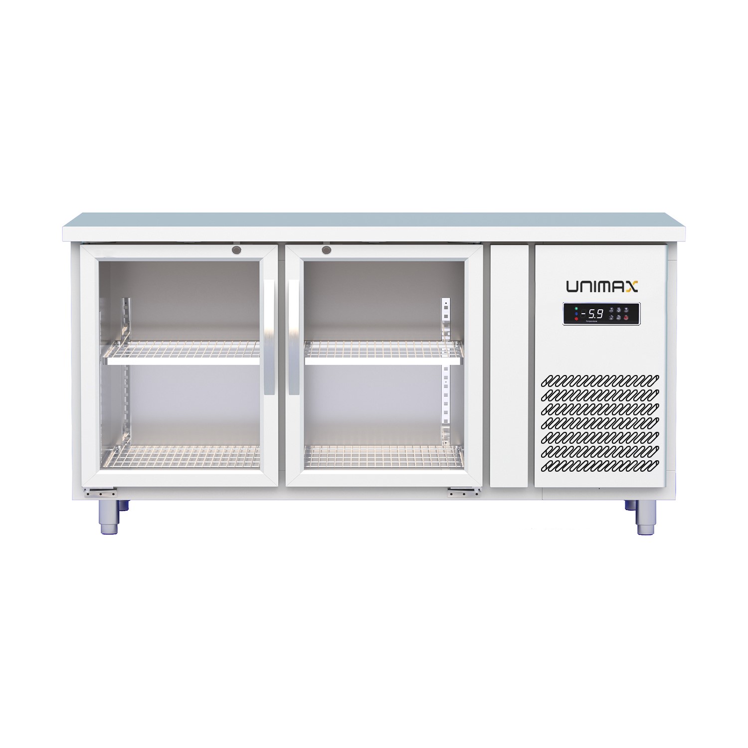 Bàn mát 2 cánh kính Unimax UNC-2K157 giúp người dùng tiện lợi thao tác từ khâu bảo quản đến cơ chế thực phẩm, nguyên liệu